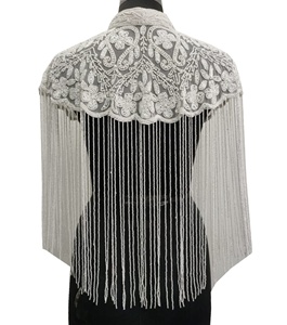 Elegant Vintage Floral Beaded Mandarin Collar Embroidery <b>Top</b> for Women <b>Party</b> Wedding Club with Classic Fringe White Poncho - Product Image 3