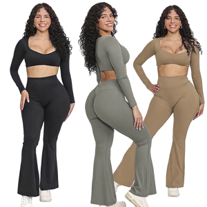 Women's Breathable Long Sleeve Gym Sets Solid Crop Top Scrunch Front Pant <b>Flare</b> <b>Leggings</b> Gather Vest Sports Suits Yoga Exercise - Product Image 1