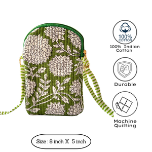Green Floral Bohemian Jaipur Block Print Cotton Quilted Crossbody <b>Bag</b> Zipper Adjustable Strap Durable Eco Friendly All Seasons - Product Image 3