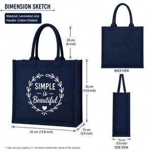 Simple Is Beautiful Jute Tote <b>Bag</b> Navy Blue Zipper Closure Hand Length Handle <b>Medium</b> <b>Size</b> Shopping <b>Bag</b> - Product Image 2