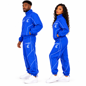 ชุดวอร์มสีน้ำเงินแบบ unisex เสื้อแจ็คเก็ตซิปเต็มตัว กางเกงขายาว แห้งเร็ว ผลิตจากโพลีเอสเตอร์ เหมาะสำหรับใส่ในฤดูใบไม้ร่วง ชุดกีฬา เสื้อแจ็คเก็ตและกางเกงเข้าชุด - Product Image 4