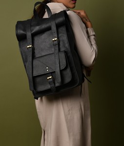 Premium <b>Black</b> Leather Roll Top <b>Backpack</b> Sleek Professional Laptop Rucksack For OEM ODM Orders LTBP-0265 - Product Image 3