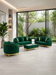 Ensemble de canapés Chesterfield vert émeraude de luxe, design capitonné, finition dorée, mobilier contemporain pour salon, villa, bureau, hall d'entrée - Product Image 3