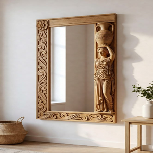 Miroir sur pied rustique surdimensionné entouré d'un cadre en bois épais, richement sculpté à la main avec des motifs floraux et de feuilles, en gros. - Product Image 4