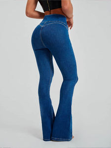 Jean en denim évasé taille haute pour femme, longueur complète, délavage moyen, coton, style décontracté printemps - Product Image 2