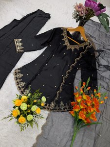 Ensemble Kurta et Palazzo pour femmes, en crêpe de soie noir brodé, séchage rapide, toutes saisons, style traditionnel indien pakistanais, Kurti, pantalon large - Product Image 5