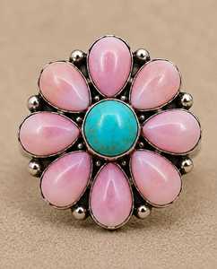 Anillo de Plata de Ley 925 Hecho a Mano con Ópalo Rosa y Turquesa, Diseño Floral Vintage del Suroeste, Estilo Girasol, Venta al por Mayor - Product Image 1