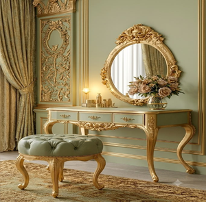 Luxury sage green and gold carved wooden vanity <b>console</b> <b>table</b> with <b>round</b> stool, available at wholesale prices. - Product Image 1