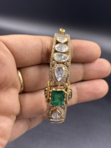 <b>Silver</b> Gold Plated Classic Doublet <b>Cuff</b> CZ Polki Cut Green Bezel Set Geometric Design Women's Bridal Wedding Everyday Wear - Product Image 4