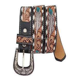 Ceinture occidentale classique en cuir tanné végétal à gravure florale pour unisexe avec boucle en laiton antique. - Product Image 5