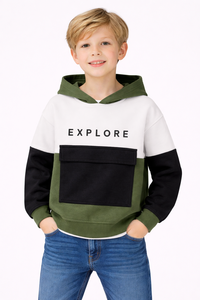 Sweat-shirt à capuche imprimé colorblock pour garçons, pull décontracté pour enfants, vert, blanc, noir, à manches longues, en mélange de coton, pour l'hiver - Product Image 4
