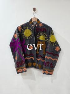Hand Embroidered Velvet Bomber Jacket Plus Size Women'<b>s</b> Floral Pattern Full Sleeve Zipper Closure Stand Collar Summer Style - Product Image 1