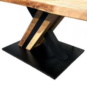 Table de salle à manger en bois d'acacia massif de 55 mm d'épaisseur avec bord naturel, style industriel moderne, base à piétement unique, pour cuisine et restaurant - Product Image 6