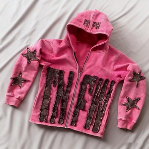 Sudadera con capucha unisex personalizada con logo, 500 GSM, estilo vintage, efecto desgastado por el sol, con cremallera, tejido French Terry, bordado con parches, efecto desgastado. - Product Image 3