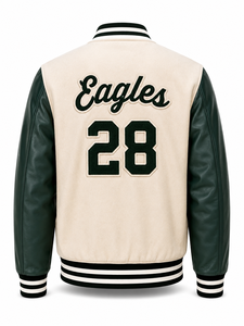 Veste universitaire unisexe en laine/polyester verte, manches longues, hiver, lettre E brodée sur le devant, style preppy, col rabattu, coupe classique - Product Image 4