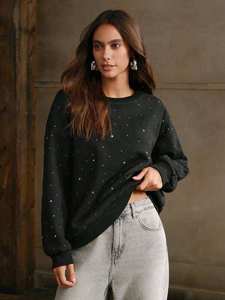 Women Corduroy Lined Cotton <b>Rhinestone</b> O Neck Sweatshirt Pullover Soft Warm Breathable Anti-Wrinkle Formal Fashion Vintage - Product Image 5
