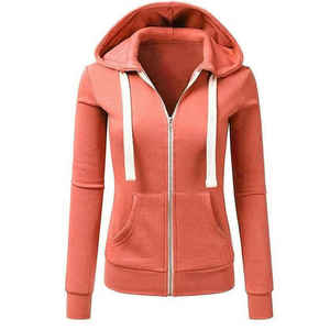 Sweat-shirt à capuche zippé en corail pour femme, manches régulières, couleur unie, tricoté, décontracté, pour l'automne - Product Image 1