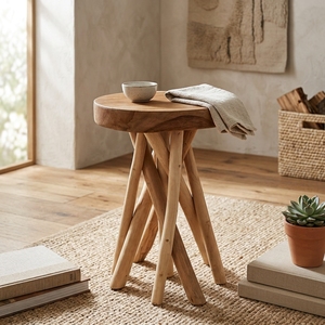 Nouveau tabouret en teck minimaliste moderne, base en branche de teck massif naturel, table d'appoint ronde pour salon et patio - Product Image 2