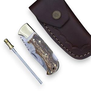 Couteau utilitaire pliant en acier Damas, manche en bois de cerf, étui en cuir, couteau de poche EDC pour la chasse et le camping, couteau personnalisé, support OEM - Product Image 5