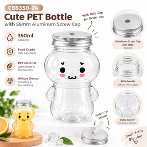 ขวดเครื่องดื่มทรงตุ๊กตา PET ขนาด 350 มล. พร้อมฝาเกลียวขนาด 55 มม. สำหรับพลาสติกใสสำหรับน้ำผลไม้ ชานม และกาแฟ  รับพิมพ์ UV ได้ - Product Image 6