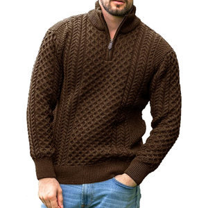 <b>Men's</b> Winter <b>Wool</b> Acrylic Patchwork <b>Cardigan</b> Mandarin Collar Zipper Closure Full Sleeve Thick Knit Jacket - Product Image 4