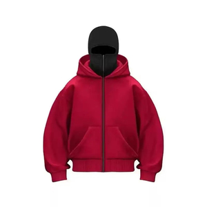 Sweat-shirt à capuche zippé rouge uni épais personnalisé, style streetwear oversize avec poche kangourou et cagoule intégrée - Product Image 1