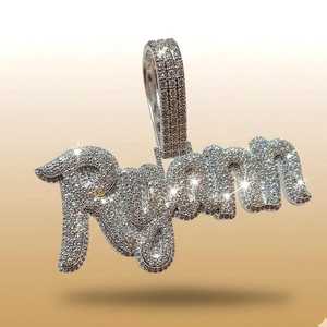 Pendentif personnalisé avec nom en lettres serties de pierres, argent sterling 925 plaqué rhodium, moissanite taille brillant rond, pendentif unisexe hip-hop - Product Image 6