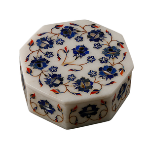 Royal Lapis Lazuli Marble Inlay Polished Eco-Friendly Figurine Jewelry <b>Box</b> Handmade Octagonal Hindu Style Pietra Dura <b>Keepsake</b> - Product Image 2