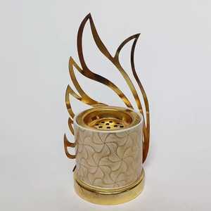 Dark Wood Gold <b>Hourglass</b> Shape Holder Dual Conical Sections Spherical Connector Metallic Bowl Top Perforated Design Piece - Product Image 6