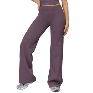 Leggings de yoga pour femmes, taille élastique, longueur intégrale, couleur unie, pantalon de pilates à jambes larges, sensation de nu, matière élasthanne - Product Image 2