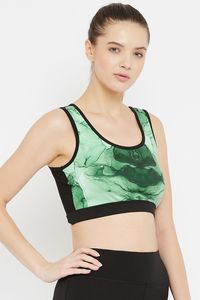 Soutien-gorge de sport vert imprimé marbre pour femme, col ras du cou, dos nageur, maintien moyen, respirant, haut de sport pour yoga - Product Image 1