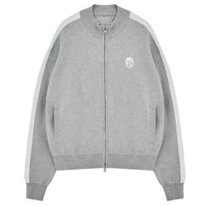 Chaqueta deportiva de punto gris melange con rayas laterales, cierre de cremallera, estilo casual urbano, puños acanalados, tejido suave, estilo atlético unisex, ajuste cómodo Pro - Product Image 1
