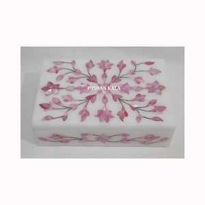 Belle boîte à bijoux en incrustation de nacre rose en marbre blanc fait à la main forme octogonale conception d'incrustation de fleur utilisée pour les cadeaux de bague - Product Image 3