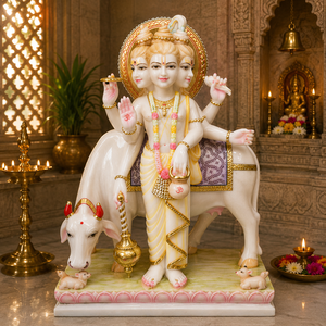 Handcrafted White Marble Lord Dattatreya Statue with Kamadhenu Cow | Premium Marble Dattatreya Murti by MALIYAS Jaipur - Product Image 1