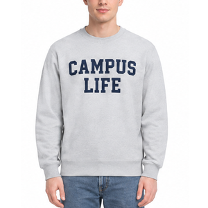 Sweat-shirt personnalisé OEM gris clair pour l'école et l'université, imprimé vie de campus bleu marine, col rond décontracté - Product Image 1