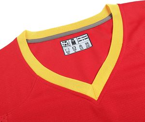 <b>Red</b> V-Neck Short Sleeve Sport Jersey With Yellow <b>Stripes</b> Quick Dry Polyester Casual Shirt Summer Wear - Product Image 4