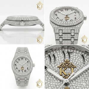 Montre Hip Hop Premium avec bracelet en acier inoxydable, cadran en verre orné de pierres Moissanite, finition glacée luxueuse, conçue pour hommes - Product Image 3