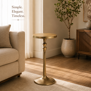 Antique Gold Round Accent <b>Table</b> with <b>Slim</b> Pedestal Stand | Elegant Metal Occasional <b>Table</b> for Living Room, Bedroom, Sofa, Lounge - Product Image 3