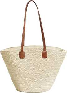 Sac de plage en paille coloré à rayures arc-en-ciel, fait main en raphia, avec poignée vierge, grande capacité, pour l'été, vente en gros - Product Image 4