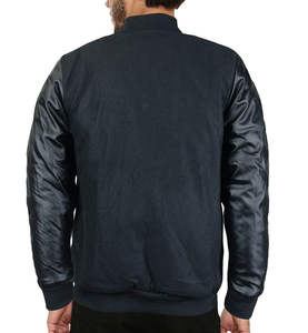 Chaqueta Varsity Azul Marino para Hombre, Tela de PU, Mangas de Poliéster/Algodón, Cierre de Botones Cubiertos, Cuello Alto Transpirable, Estilo Preppy de Invierno - Product Image 4