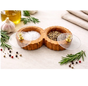 Best Quality Handcrafted Spice <b>Box</b> <b>Masala</b> Dabba Acrylic Lid with 2 Round Compartments & Spoon Acacia Wood Spice <b>Box</b> Set - Product Image 1