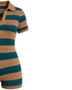 Mono de punto a rayas verde azulado y beige para mujer, manga corta, cuello polo, informal de verano, de una pieza, ajustado, diseño personalizado - Product Image 3