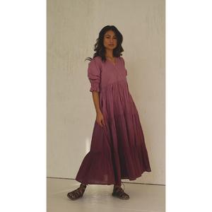Gorgeous V-Neck A-Line Maxi <b>Dress</b> Cap Sleeve Simple Natural 100% Cotton <b>Tiered</b> Pleated Romantic Summer Style Women Wholesale - Product Image 4