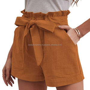 Pantalones cortos con cinturón y cintura de lazo rojo sólido para mujer de último estilo informal, dobladillo y bolsillos con volantes tejidos transpirables de cintura alta - Product Image 5