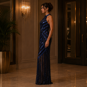 Vestido de Noche Largo con Lentejuelas Azul Marino de Lujo para Mujer, Cuello Halter, Diseño Geométrico, Elegante para Fiesta, Graduación, Boda, Cóctel - Product Image 2