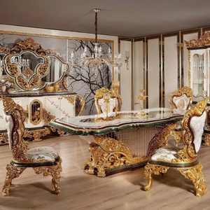 Juego de Comedor de Alta Gama Europeo de Madera Maciza de Caoba, Muebles de Comedor de Lujo con Tallado Dorado y Aparador - Product Image 2