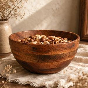 Bol à fruits en bois d'acacia de qualité supérieure, rond, finition rustique, bol de service pour salade, bol en bois texturé naturel pour la table à manger - Product Image 3