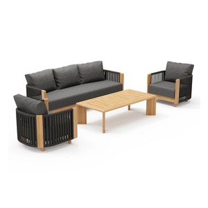 Modern Outdoor Teak Wood <b>Sofa</b> <b>Set</b> with Rope Design, Garden Patio Furniture <b>Set</b> with <b>Cushions</b>, Luxury Minimalist Living <b>Set</b> for H - Product Image 1