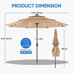 Ombrellone da Esterno a 3 Livelli con LED Solari, Regolazione Inclinazione, Resistente ai Raggi UV, in Poliestere Kaki, 3 Metri - Product Image 2
