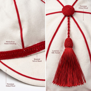 Casquette d'honneur vintage en velours blanc respirante avec passepoil rouge et pompon, idéale pour les cérémonies de remise des diplômes, les équipes sportives et les événements scolaires classiques. - Product Image 5